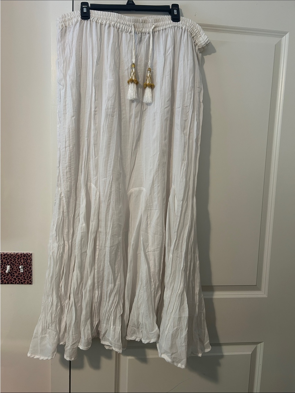Ashley Stewart White Crinkled Maxi Skirt with Tassel Drawcord